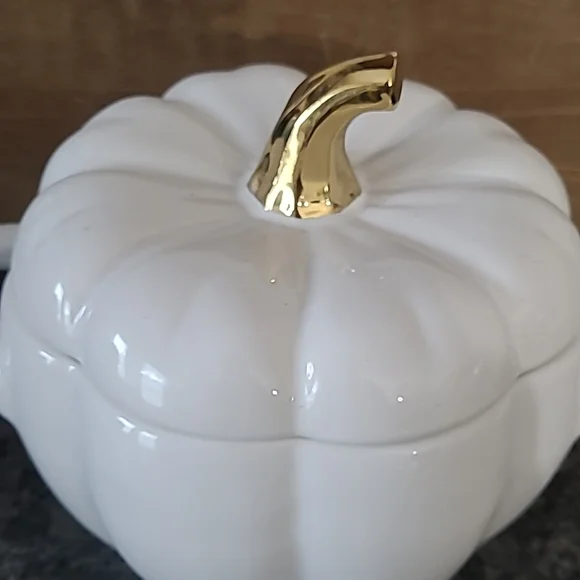 White Ceramic "Pumpkin" Shaped .8 Quart Dip/Soup Dish with Lid - Picture 5 of 13